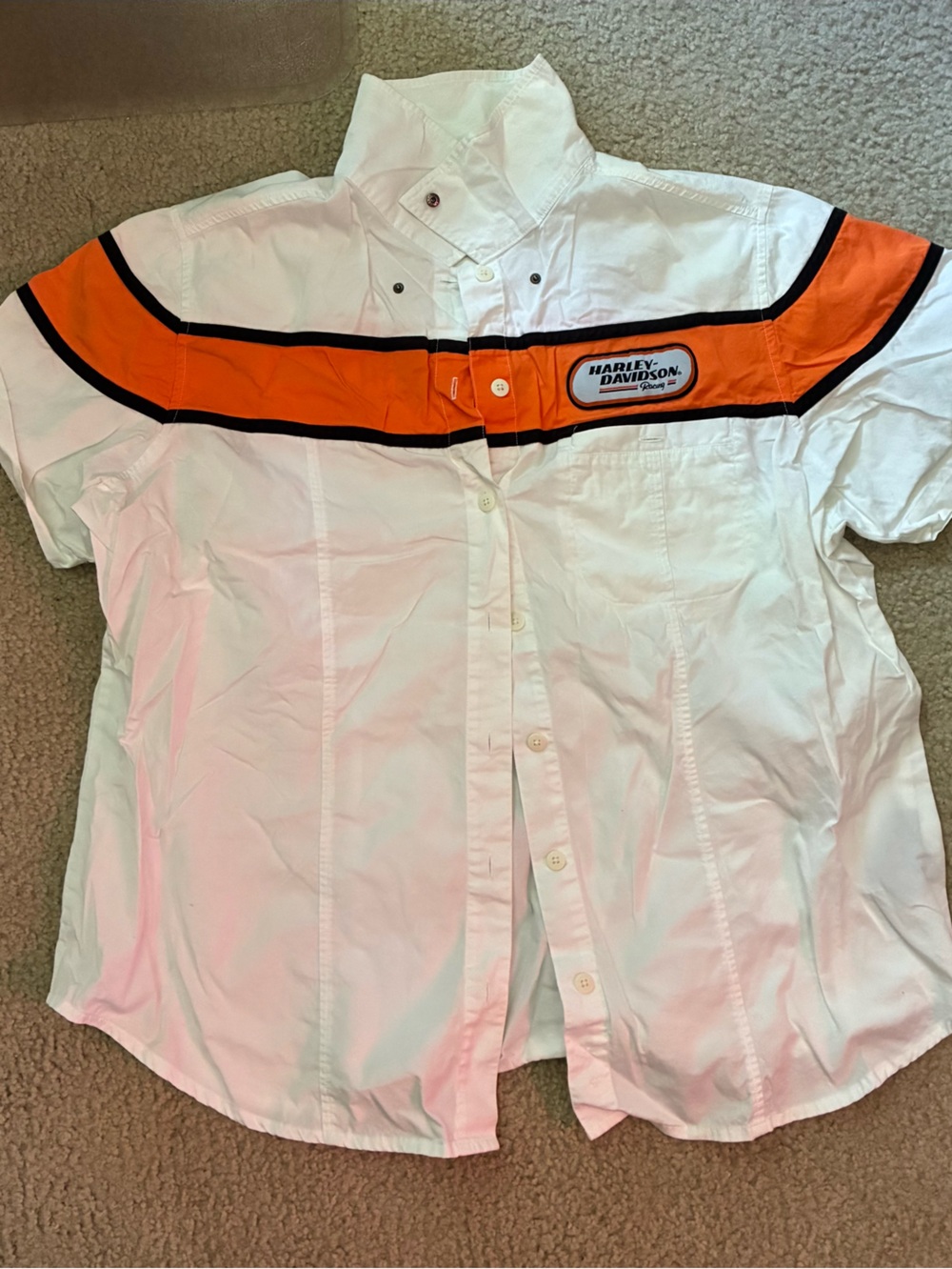 Harley-Davidson Women’s White Shirt with Black and Orange Logo Patch